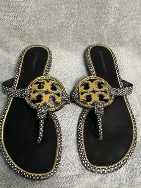 Tory Burch Metal Miller Size 9.5 Stamped Snake Printed Leather Sandals